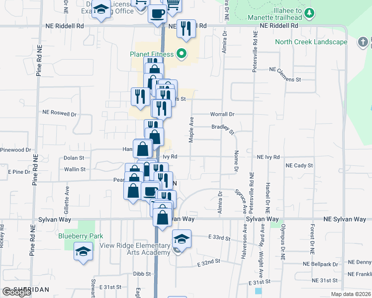 map of restaurants, bars, coffee shops, grocery stores, and more near 3804 Maple Avenue in Bremerton