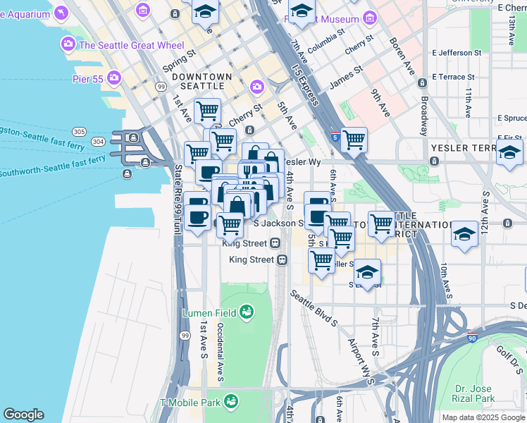 map of restaurants, bars, coffee shops, grocery stores, and more near 210 South Jackson Street in Seattle
