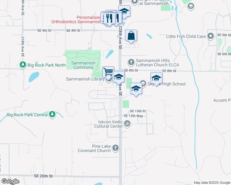 map of restaurants, bars, coffee shops, grocery stores, and more near 1107 228th Avenue Southeast in Sammamish