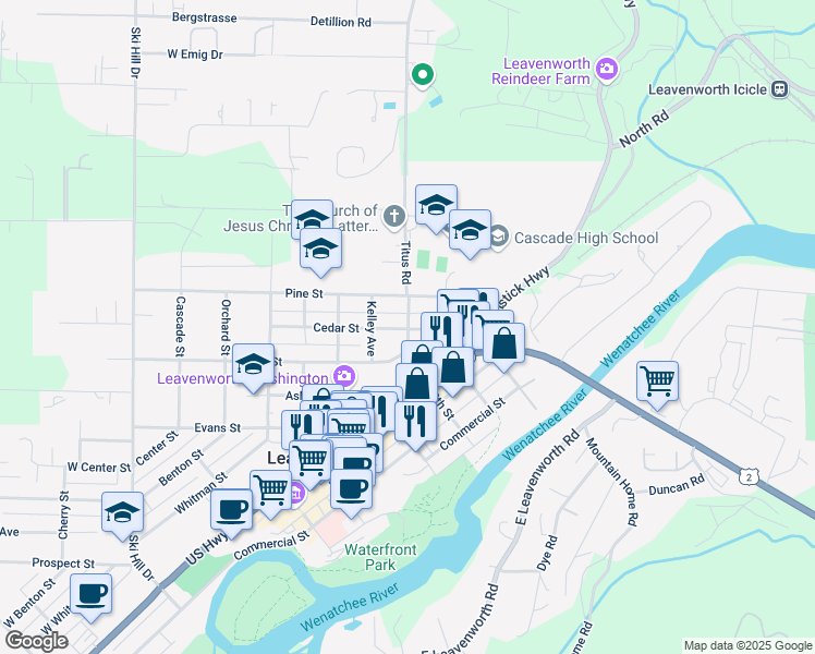 map of restaurants, bars, coffee shops, grocery stores, and more near 711 Cedar Street in Leavenworth