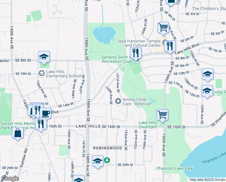 map of restaurants, bars, coffee shops, grocery stores, and more near 1218 150th Avenue Southeast in Bellevue