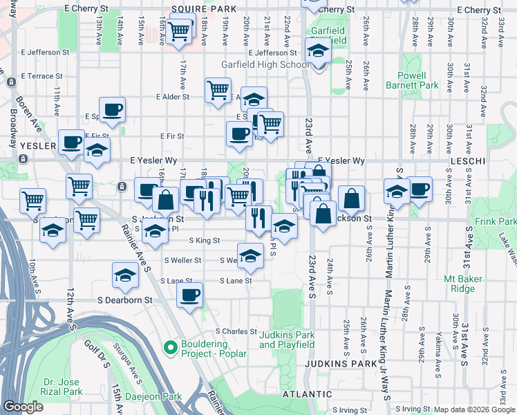 map of restaurants, bars, coffee shops, grocery stores, and more near 2010 South Jackson Street in Seattle