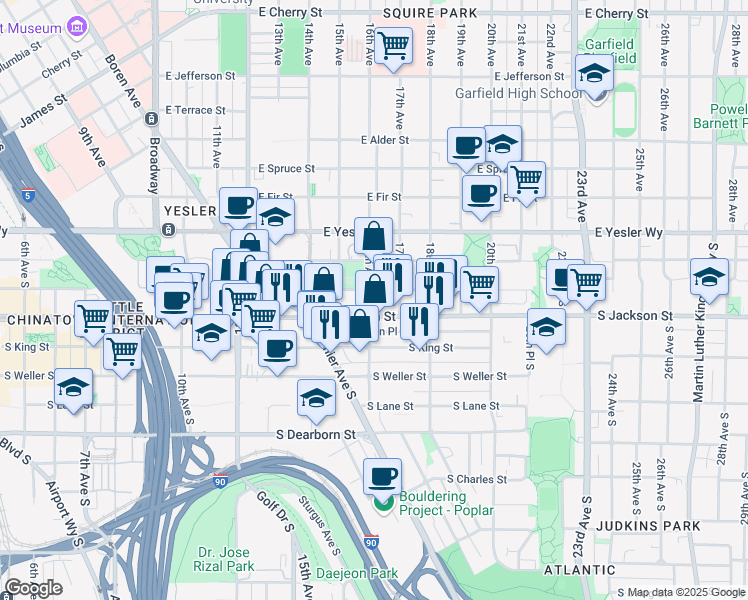 map of restaurants, bars, coffee shops, grocery stores, and more near 1600 South Jackson Street in Seattle
