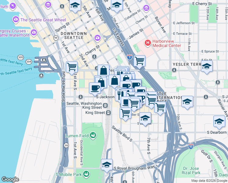 map of restaurants, bars, coffee shops, grocery stores, and more near in Seattle