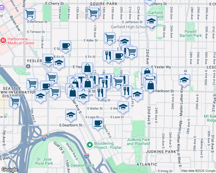 map of restaurants, bars, coffee shops, grocery stores, and more near 1800 South Jackson Street in Seattle