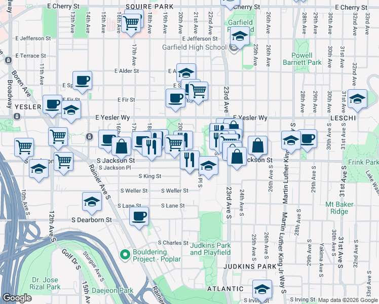 map of restaurants, bars, coffee shops, grocery stores, and more near 2010 South Jackson Street in Seattle