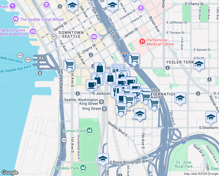 map of restaurants, bars, coffee shops, grocery stores, and more near in Seattle