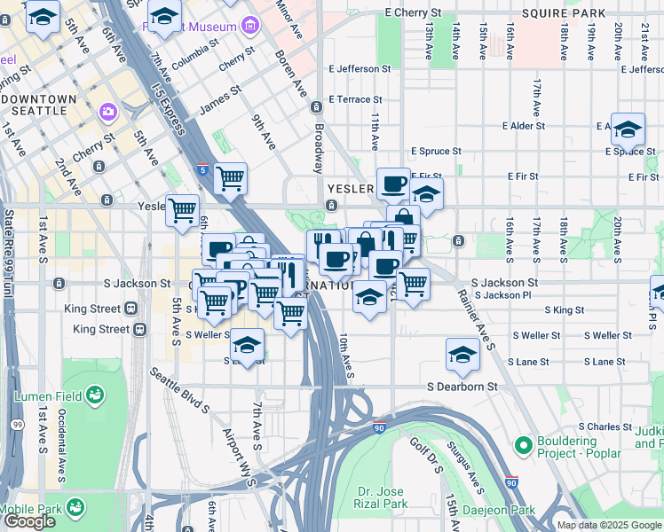 map of restaurants, bars, coffee shops, grocery stores, and more near 901 South Main Street in Seattle