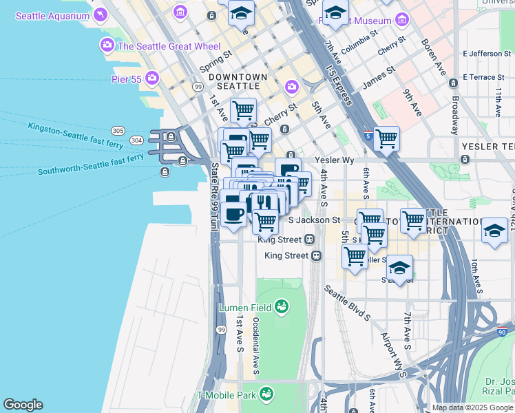 map of restaurants, bars, coffee shops, grocery stores, and more near in Seattle