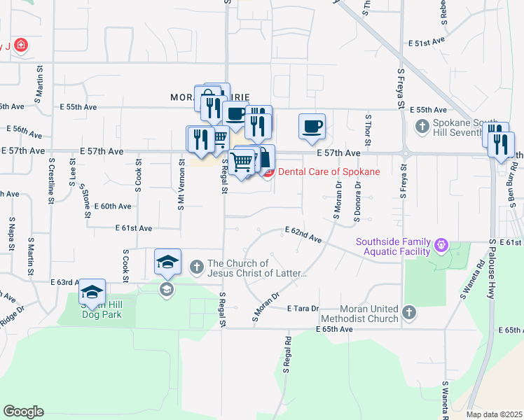map of restaurants, bars, coffee shops, grocery stores, and more near 3015 East 62nd Avenue in Spokane