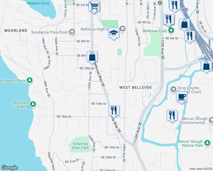 map of restaurants, bars, coffee shops, grocery stores, and more near 1124 Bellevue Way Southeast in Bellevue