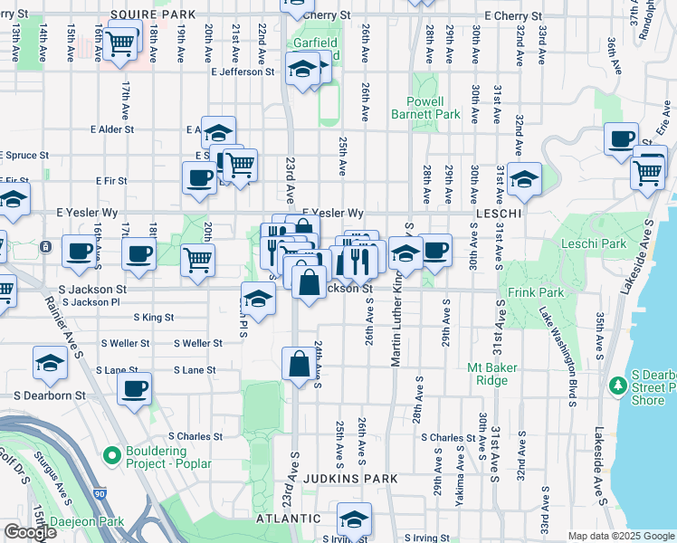 map of restaurants, bars, coffee shops, grocery stores, and more near in Seattle
