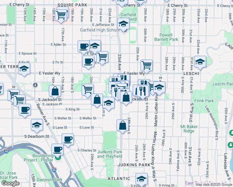 map of restaurants, bars, coffee shops, grocery stores, and more near 2307 South Jackson Street in Seattle