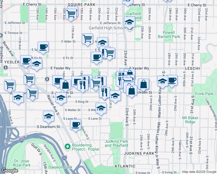 map of restaurants, bars, coffee shops, grocery stores, and more near 2010 South Jackson Street in Seattle