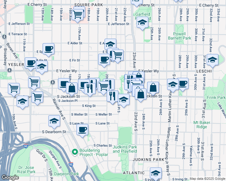 map of restaurants, bars, coffee shops, grocery stores, and more near 2010 South Jackson Street in Seattle