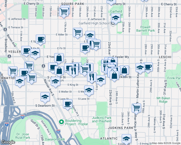map of restaurants, bars, coffee shops, grocery stores, and more near 2010 South Jackson Street in Seattle