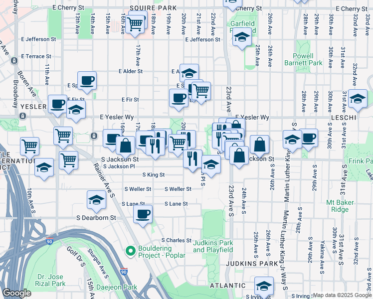 map of restaurants, bars, coffee shops, grocery stores, and more near 2010 South Jackson Street in Seattle