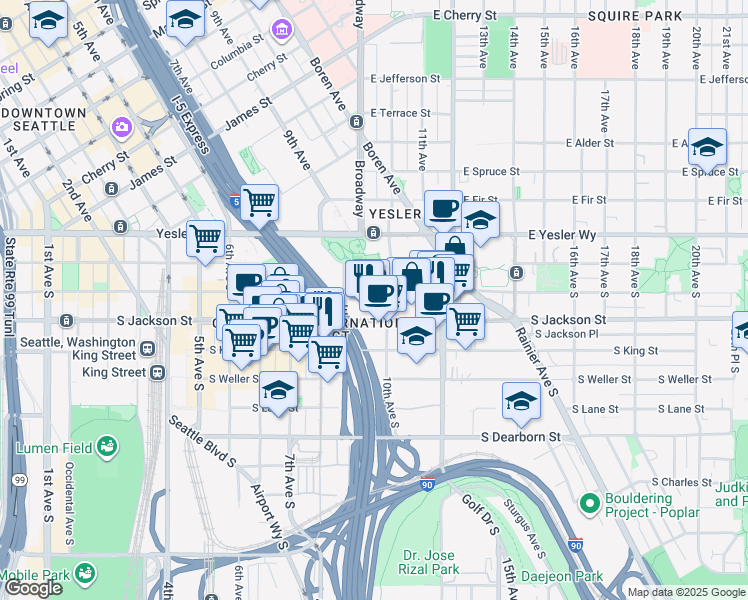 map of restaurants, bars, coffee shops, grocery stores, and more near 900 South Jackson Street in Seattle