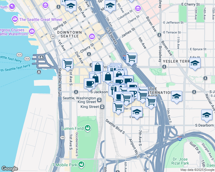 map of restaurants, bars, coffee shops, grocery stores, and more near in Seattle