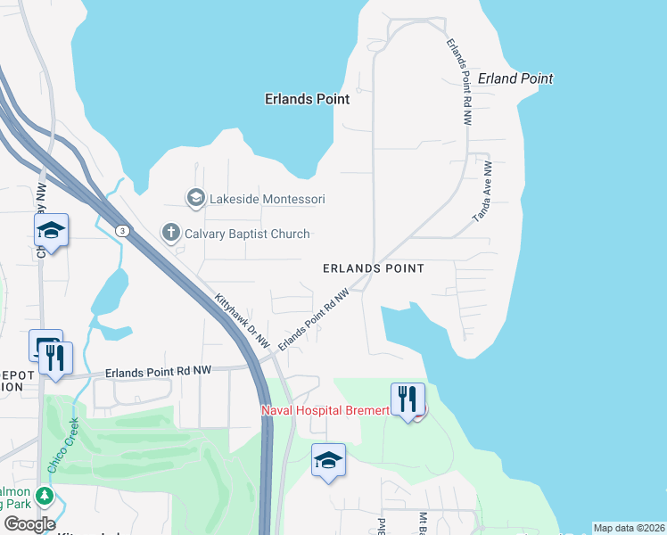 map of restaurants, bars, coffee shops, grocery stores, and more near 2932 Erlands Point Road Northwest in Bremerton