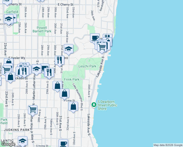 map of restaurants, bars, coffee shops, grocery stores, and more near 3509 South Leschi Place in Seattle