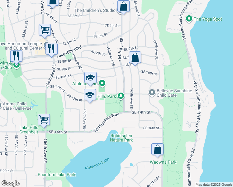 map of restaurants, bars, coffee shops, grocery stores, and more near 16201 Southeast 12th Street in Bellevue