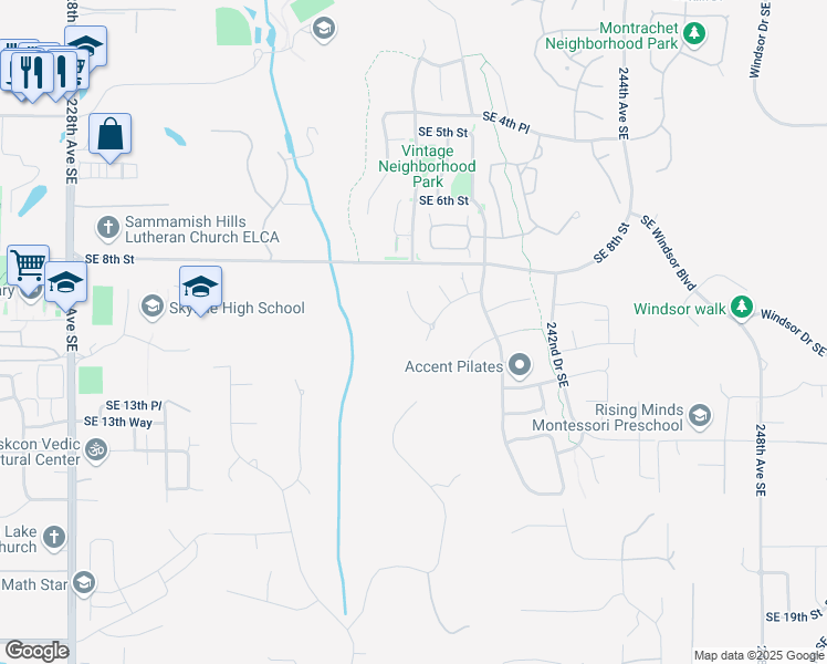 map of restaurants, bars, coffee shops, grocery stores, and more near 23943 Southeast 8th Place in Sammamish