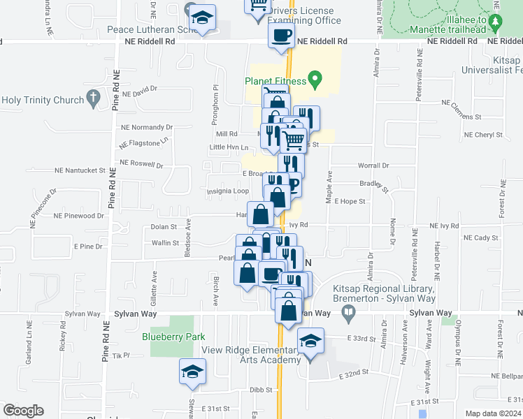 map of restaurants, bars, coffee shops, grocery stores, and more near 1032 Hanford Avenue in Bremerton