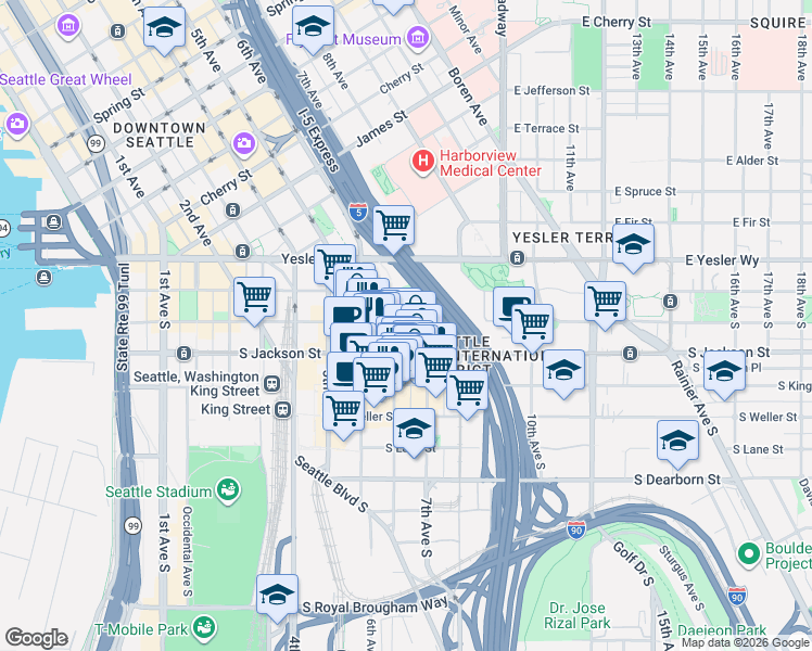 map of restaurants, bars, coffee shops, grocery stores, and more near 653 South Main Street in Seattle