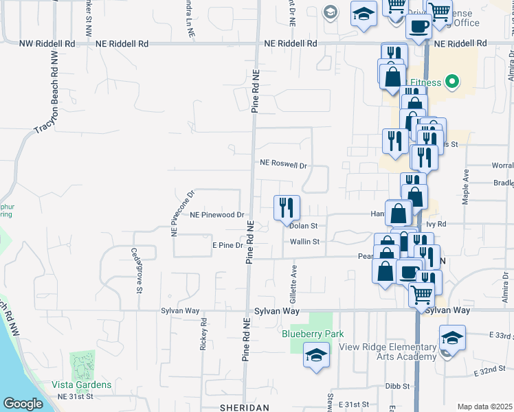 map of restaurants, bars, coffee shops, grocery stores, and more near 3765 Earendel Avenue in Bremerton