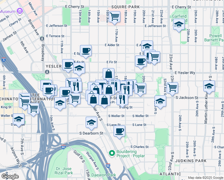 map of restaurants, bars, coffee shops, grocery stores, and more near 1600 South Jackson Street in Seattle