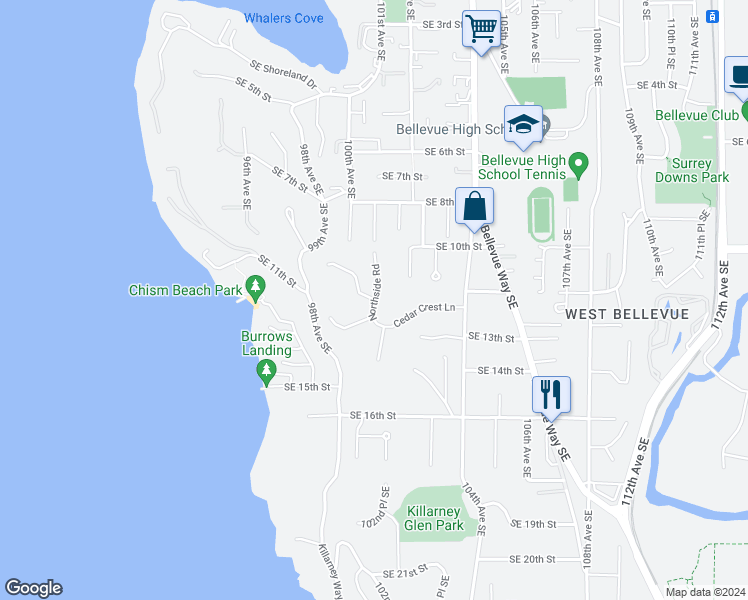 map of restaurants, bars, coffee shops, grocery stores, and more near 404 Detwiller Lane in Bellevue