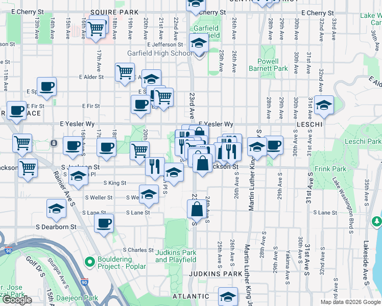 map of restaurants, bars, coffee shops, grocery stores, and more near 303 23rd Avenue South in Seattle