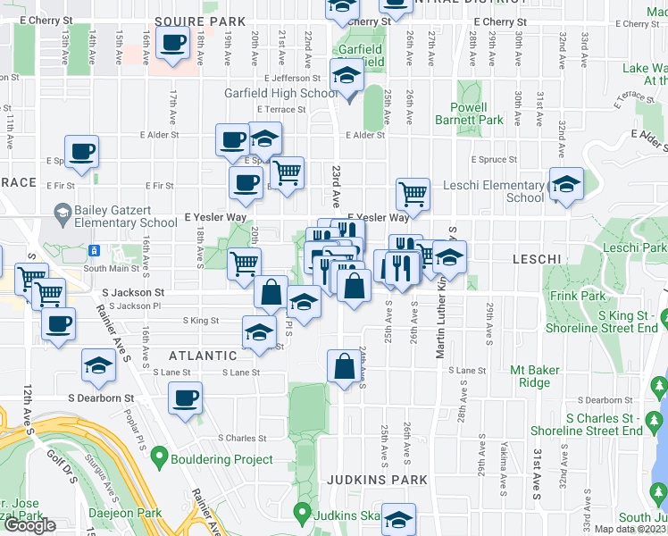 map of restaurants, bars, coffee shops, grocery stores, and more near in Seattle