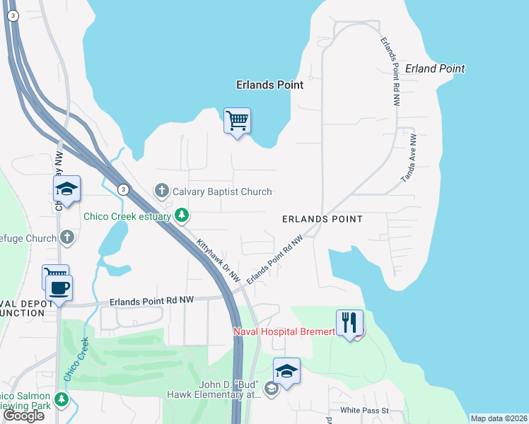 map of restaurants, bars, coffee shops, grocery stores, and more near 4022 Northwest Atlantis Lane in Bremerton