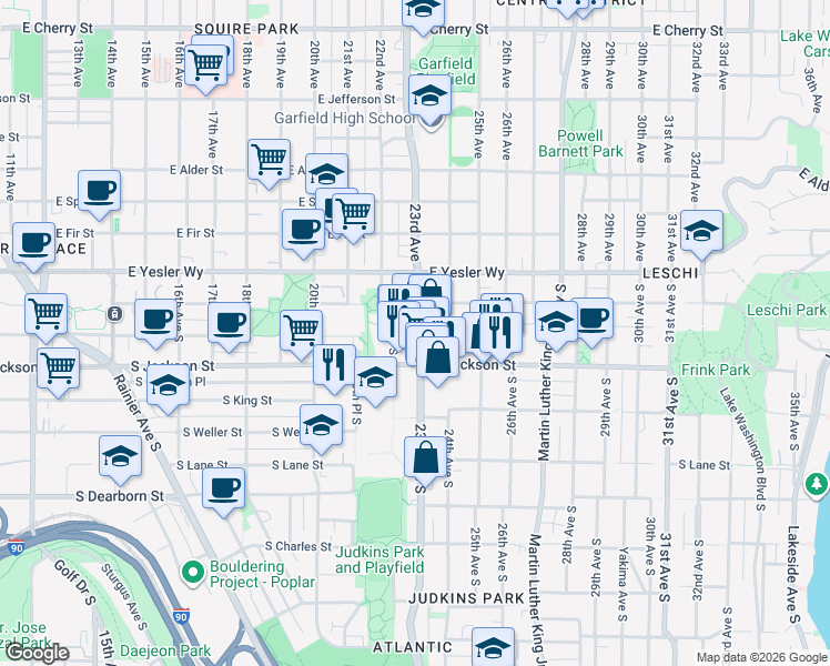 map of restaurants, bars, coffee shops, grocery stores, and more near 303 23rd Avenue South in Seattle