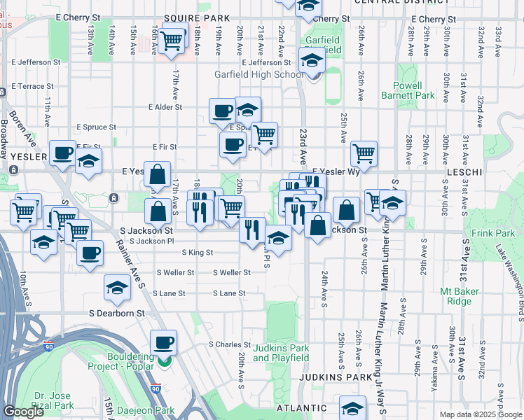 map of restaurants, bars, coffee shops, grocery stores, and more near 2010 South Jackson Street in Seattle