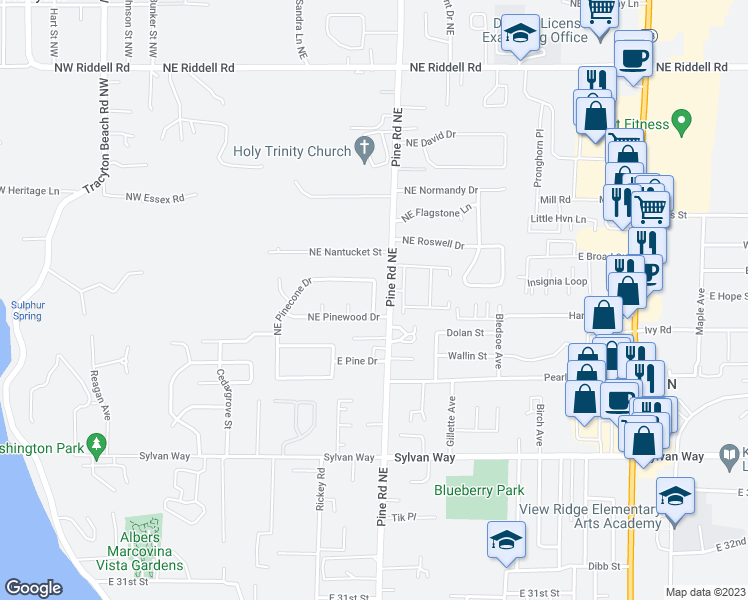 map of restaurants, bars, coffee shops, grocery stores, and more near 3805 Pineneedle Drive Northeast in Bremerton