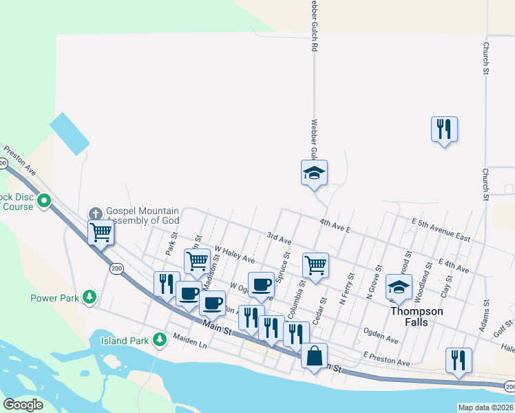 map of restaurants, bars, coffee shops, grocery stores, and more near 498 S Jefferson St in Thompson Falls