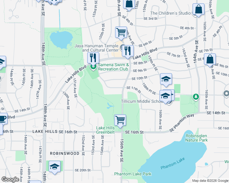 map of restaurants, bars, coffee shops, grocery stores, and more near 15416 Southeast 16th Street in Bellevue