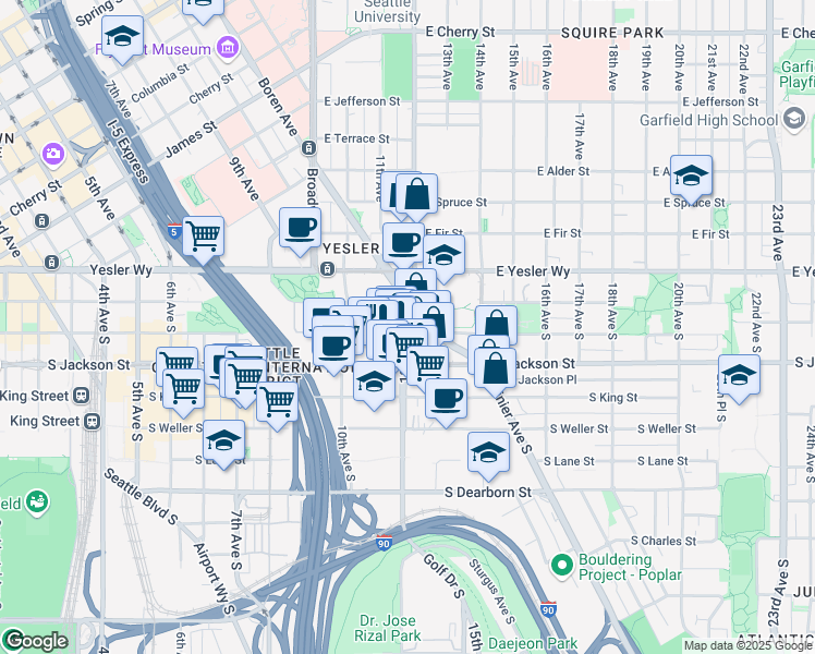 map of restaurants, bars, coffee shops, grocery stores, and more near 210 12th Ave S in Seattle