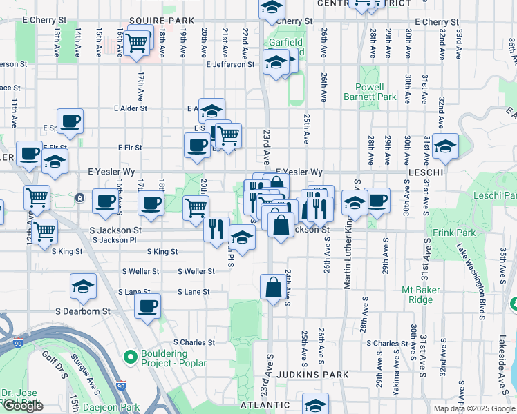 map of restaurants, bars, coffee shops, grocery stores, and more near 2307 South Jackson Street in Seattle