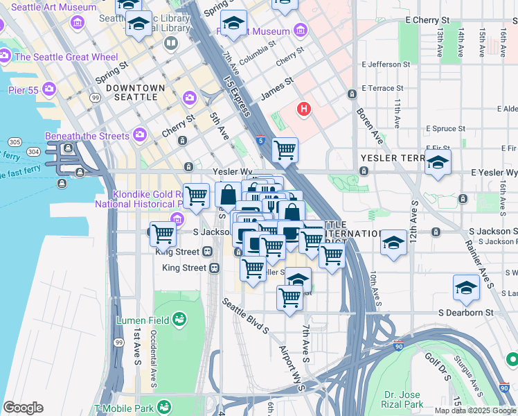 map of restaurants, bars, coffee shops, grocery stores, and more near 311 6th Avenue South in Seattle