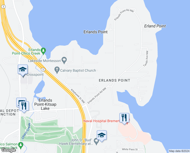 map of restaurants, bars, coffee shops, grocery stores, and more near 2850 Erlands Point Road Northwest in Bremerton