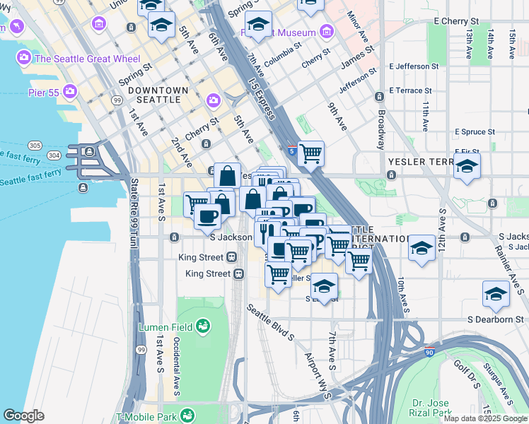 map of restaurants, bars, coffee shops, grocery stores, and more near 225 5th Avenue South in Seattle
