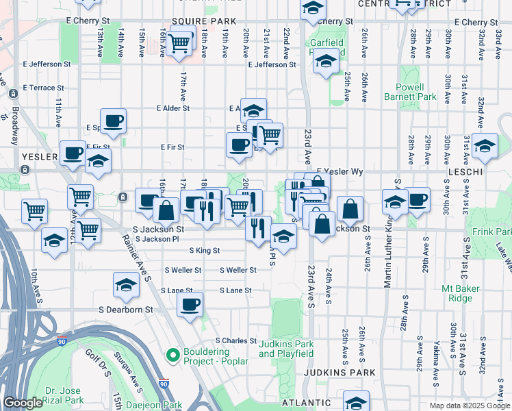 map of restaurants, bars, coffee shops, grocery stores, and more near 2010 South Main Street in Seattle