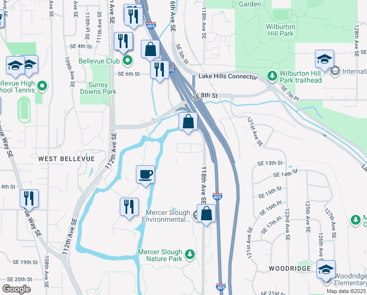 map of restaurants, bars, coffee shops, grocery stores, and more near 991 118th Avenue Southeast in Bellevue
