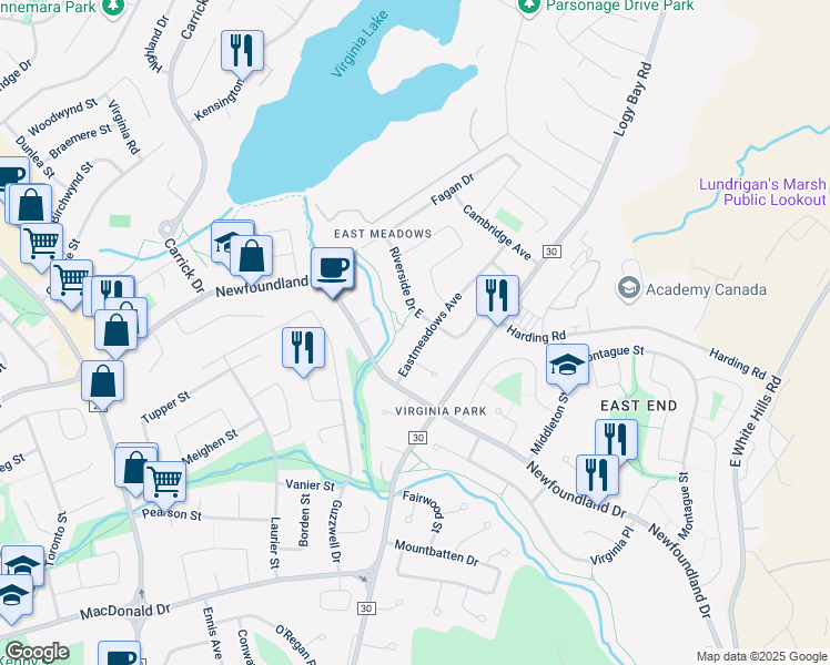 map of restaurants, bars, coffee shops, grocery stores, and more near 17 Eastmeadows Avenue in St. John's
