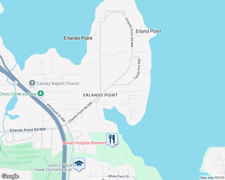 map of restaurants, bars, coffee shops, grocery stores, and more near 3325 Erlands Point Road Northwest in Bremerton