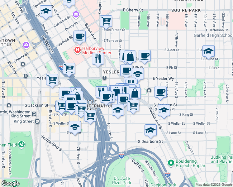 map of restaurants, bars, coffee shops, grocery stores, and more near 1020 South Main Street in Seattle